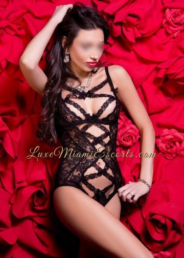 Glamorous brunette with long brown hair posing in her sexy lingerie. Camila is one of the best LUXE Miami escorts